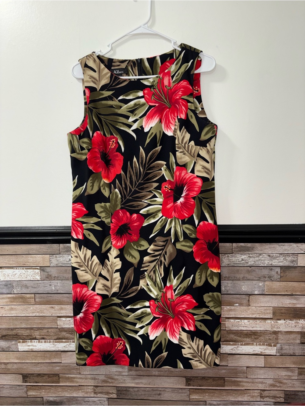 AGB Black Midi Dress with Red & Green Tropical Hibiscus Size 14